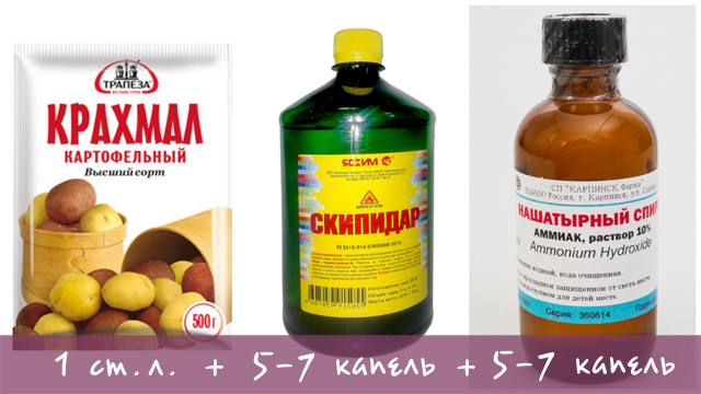 Krakmolas, amoniakas ir terpentinas iš dervos